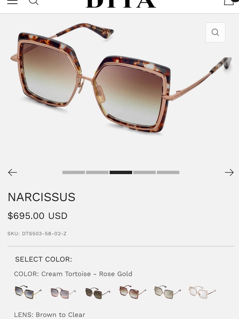 Knew Dita Narcissus Square Sunglasses in Cream Tortoise with Rose Gold Temples